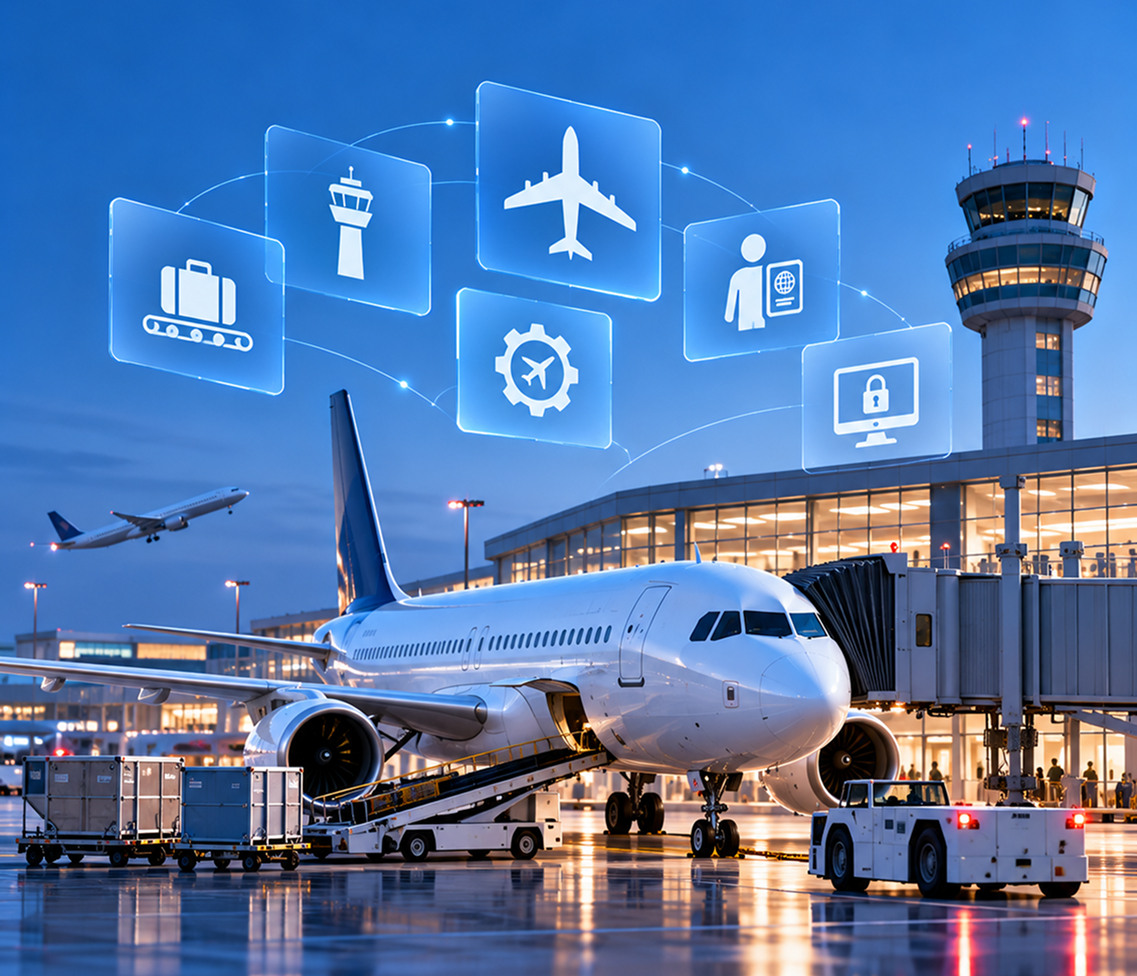 Airport and aircraft with digital security icons